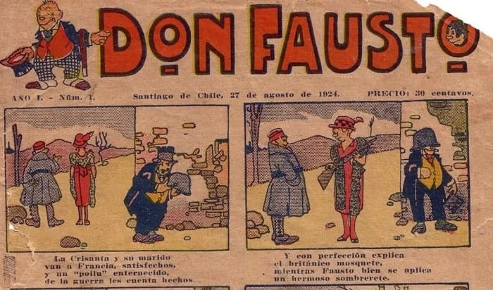 Imagen de la antigua historieta chilena Don Fausto y Crisanta explicando el origen del guiso de repollo.