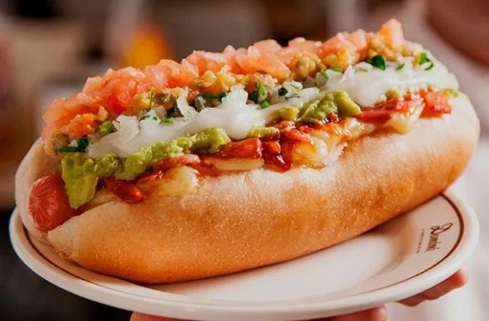 Completo dinámico chileno con salchicha, tomate picado, palta, chucrut, salsa americana, salsa verde y mayonesa.