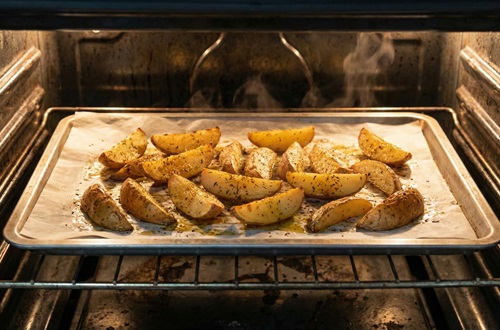 Papas horneandose en una bandeja Papas rústicas ordenadas en una sola capa sobre papel aluminio en una bandeja de horno.