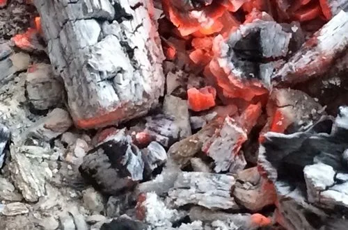 Brasas de carbón al rojo vivo, temperatura ideal para cocinar cortes magros como el abastero.