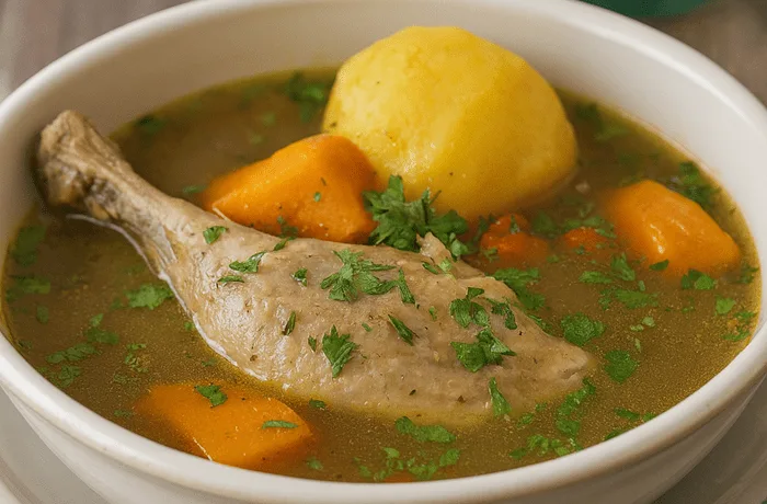 Cazuela de caiquén (ave) con caldo, plato ancestral kawésqar con papas y arroz