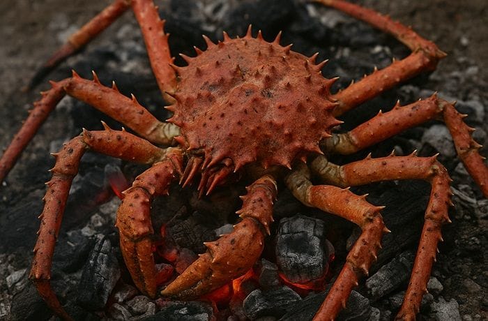 Centolla chilena a las brasas, cocida con método ancestral yagán sobre carbón